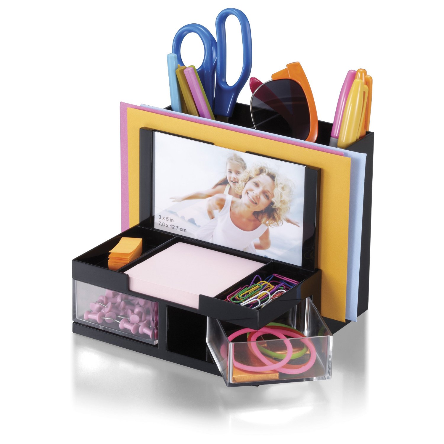 Two swing-out compartments for clips or small objects plus additional compartments for sticky notes and clips.