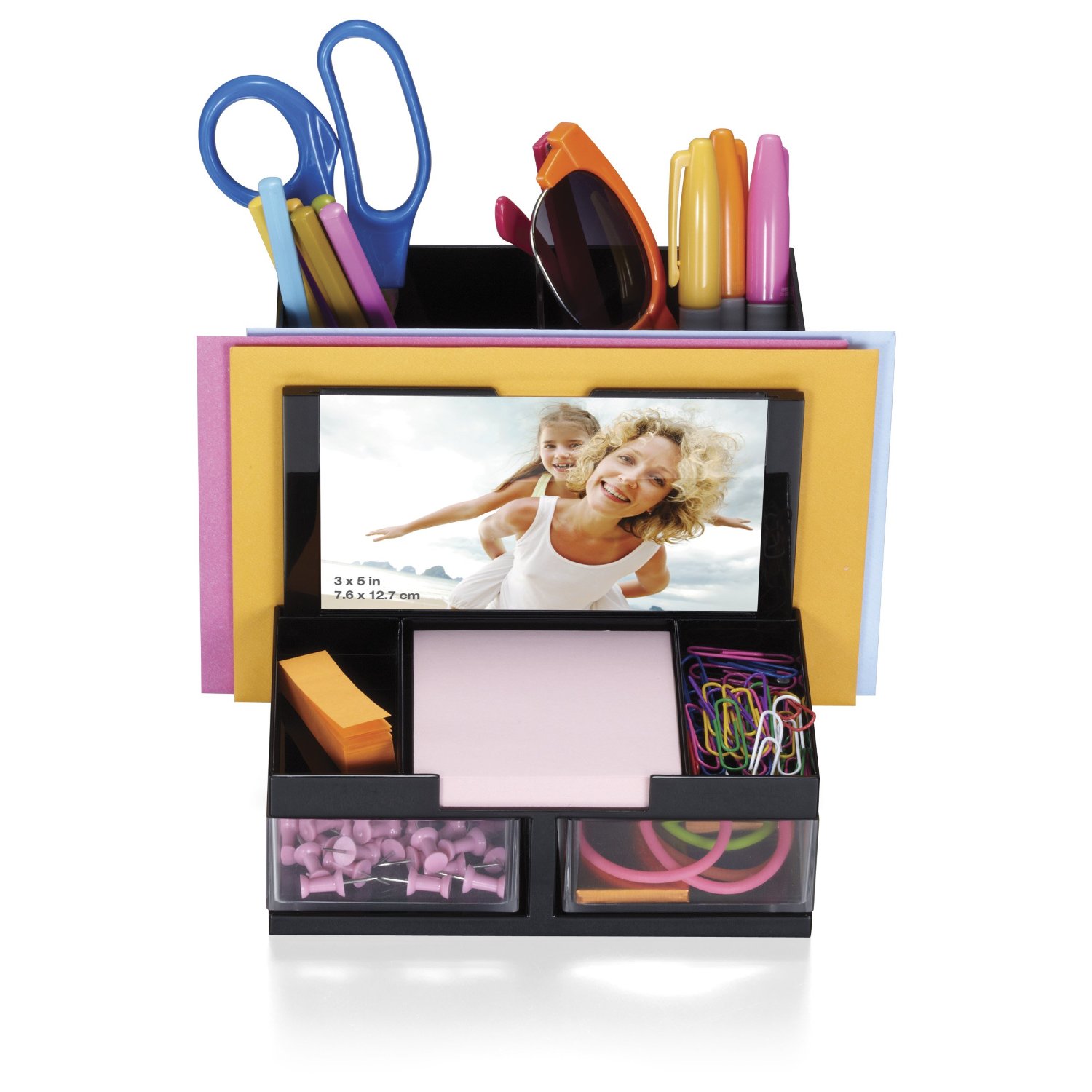 Seven compartments plus slots for 3 x 5 inches photo and note/envelope holder. The stepped pencil cup is great for pens, scissors, glue sticks or whatever you need to stand upright.