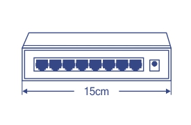 Illustration of a network switch with eight Ethernet ports on the front panel. The device is depicted as a rectangular box with a width measurement of 15 centimeters indicated below it. The switch has a power indicator on the right side.