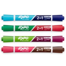 <b> Expo 2-in-1 Dry Erase Markers </b></br> Expo 2-in-1 Dry Erase markers feature a dual-ended design that gives you two colors in one marker. Double the color plus a versatile chisel that marks 3 line widths make it easy to track, schedule and present. Highly visible, low-odor ink is great for both the classroom and office. 