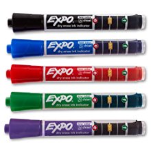 <b> Expo Dry Erase Markers with Ink Indicator </b></br> Don’t second guess if there’s ink left in your whiteboard marker when it matters most. Expo Dry Erase Marker with Ink Indicator features a clear barrel with built- in Ink Indicator that makes it easy to see the amount of ink left at all times. 