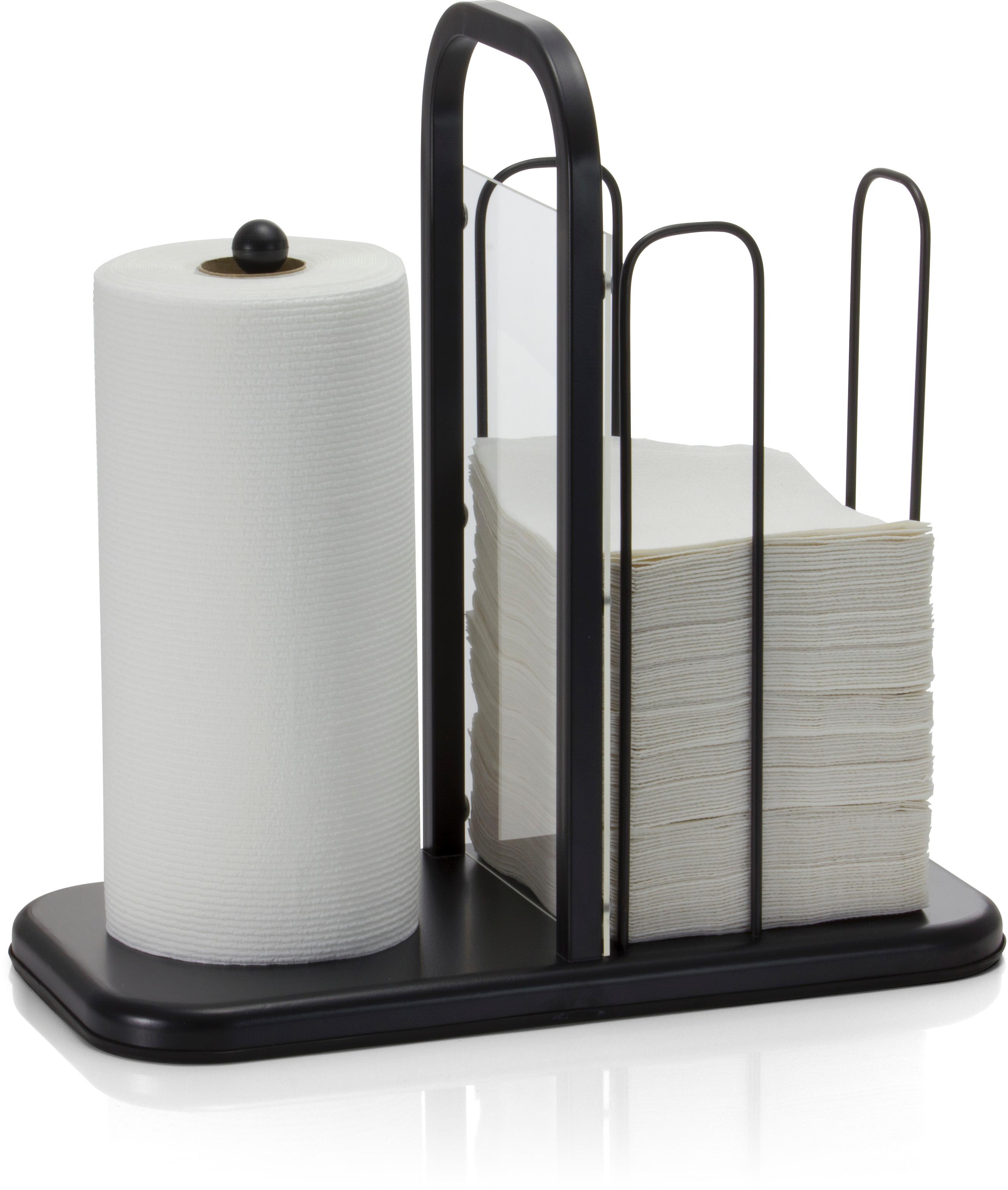Holds paper towels and napkins in one compact unit, making clean-up easier.