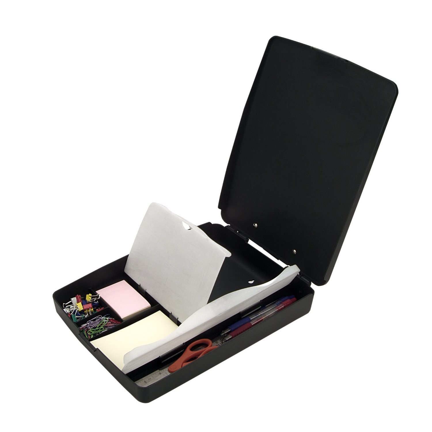 Combination clipboard plus storage for papers and office essentials