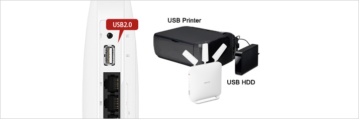 Now Everyone Can Share USB Hard Drives and Printers
Dual USB ports for simultaneous HDD and printer connections
