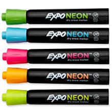 <b> Expo Neon Window Markers </b></br> Add a splash of bold color to windows, glass materials, whiteboards and other surfaces with Expo Neon Window Markers, which allow you to write on both black and white surfaces for eye-catching color and detail. 