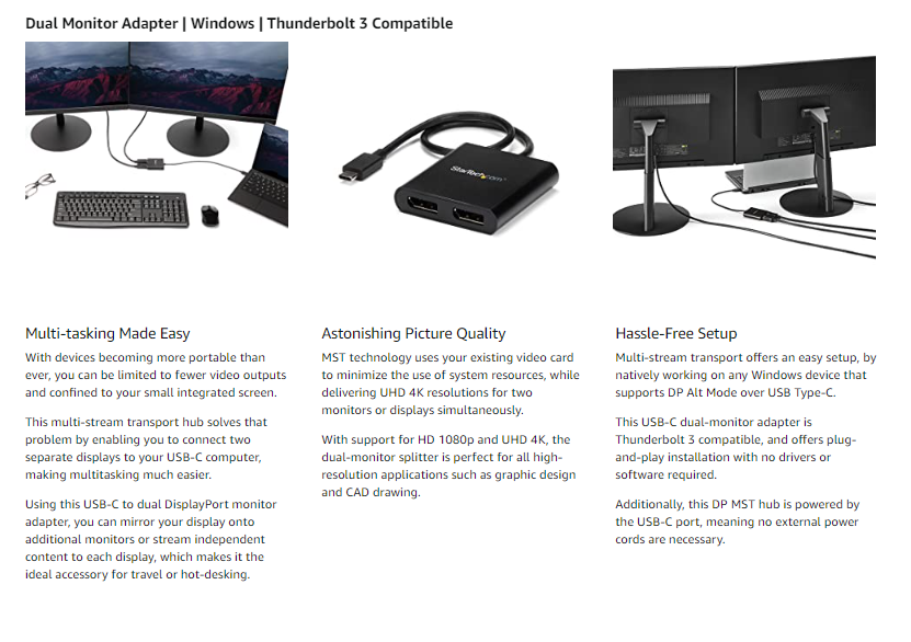 StarTech.com USB-C to Dual HDMI Adapter - USB Type-C Multi-Monitor MST Hub/Splitter  - 2x 4K30 - Windows