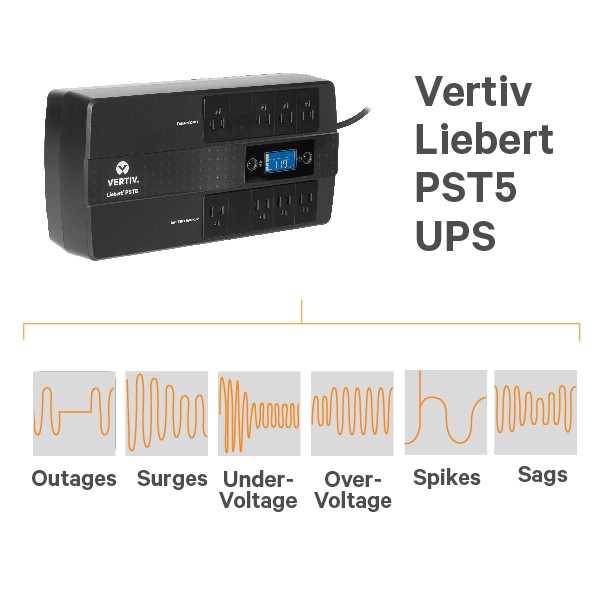 Vertiv Liebert PST5-660MT120, 660VA/400W Uninterruptible Power Supply,  Outlets, Surge Protection, Network Protection, Battery Backup