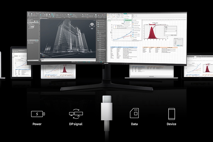 

<b>
Connect with One USB-C Port
</b><br>
USB-C allows a single cable connection to transmit digital display, data (USB) and power. 2 USB-C ports let you directly connect any PC, tablet or mobile device and get to work. Your device will be charged and up to 3 peripherals can be plugged in directly to the monitor for added productivity.