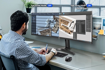 
<b>

Easy on the Eyes
</b><br>
Eye Saver Mode and Flicker Free technology help to reduce eye strain for a more comfortable work experience, even during long work hours. When Eye Saver Mode is active, blue light levels are lowered. And flicker-free technology eliminates flickering at all levels of brightness.