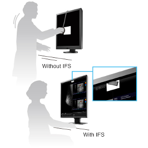 <b>Simple Calibration with Built-In Sensor</b></br> The monitor hosts an Integrated Front Sensor (IFS). It is built into the bezel and is only visible when in use; not needing any time to set up. By using it together with the included monitor control software RadiCS LE, brightness and gradation can be corrected to match DICOM Part 14 standards.