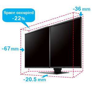 <b>Space Saving</b></br>The dimensions of the RX560 MammoDuo are reduced by 67 mm horizontally, 36 mm vertically, and 20.5 mm in depth compared to a conventional side-by-side configuration with a single monitor of the same total resolution. The total space occupied by the monitors was reduced by 22%, creating a more unrestricted environment with expanded viewing space.