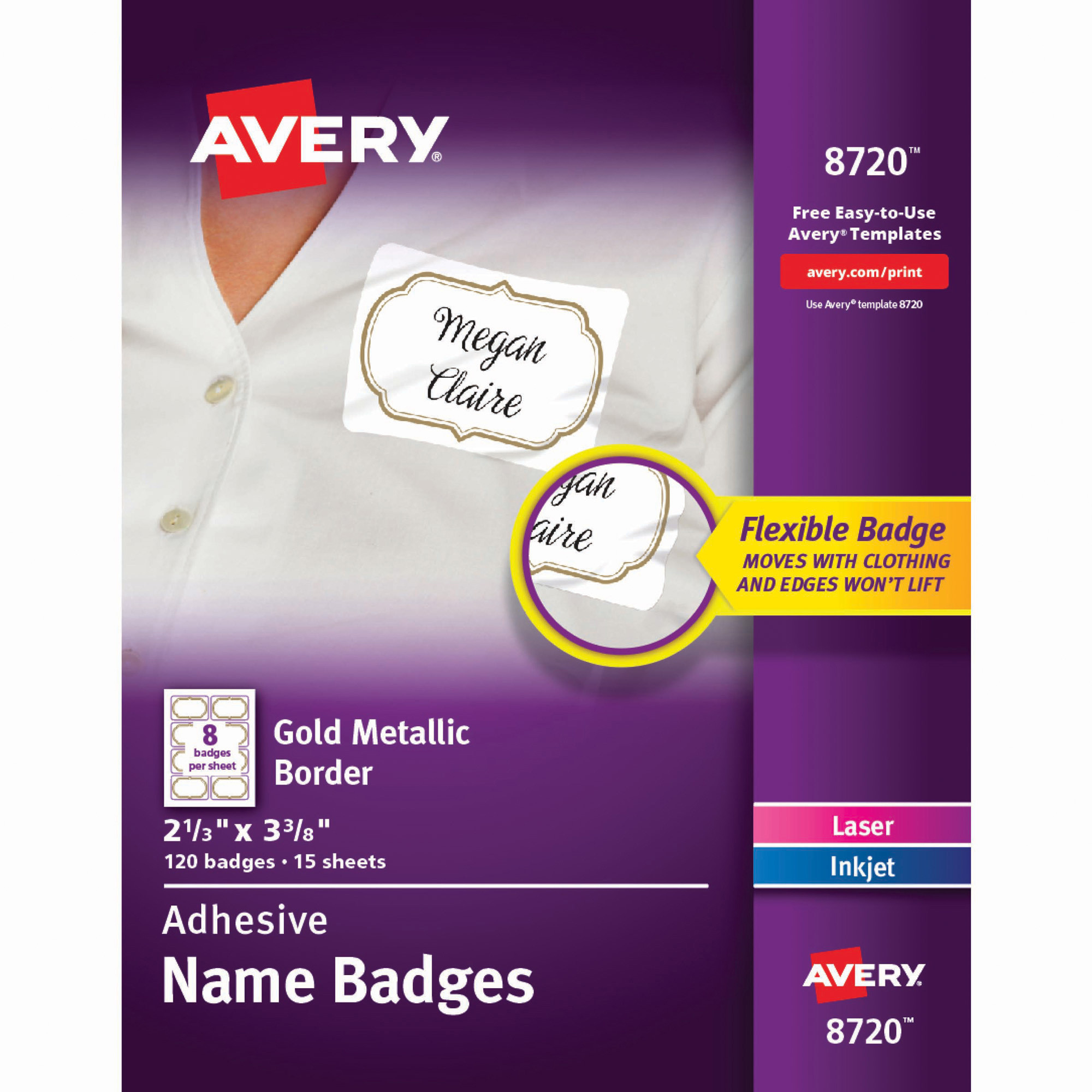 Avery Adhesive Name Badges Metallic Borders 2 13 X 3 38 Whitegold Pack Of 1 Badges Office Depot