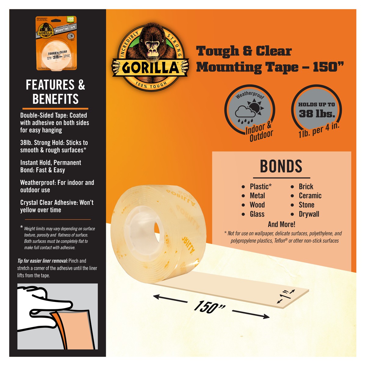 Gorilla Tough & Clear Mounting Tape - 12.50 ft Length x