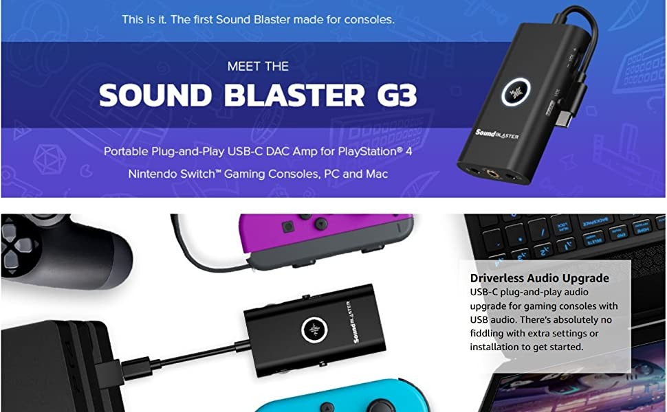 Sound Blaster G3 Portable Plug-and-Play USB-C DAC Amp for PlayStation® 4,  Nintendo Switch™ Gaming Consoles, PC, and Mac - Creative Labs (United  States)