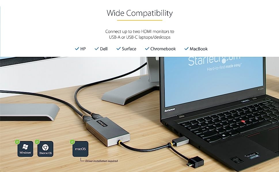 StarTech.com USB to Dual HDMI Adapter, USB A/C to 2x HDMI Displays (1x  4K30, 1x 1080p), USB 3.0 to HDMI Converter, 4in/11cm Cable, Win/Mac