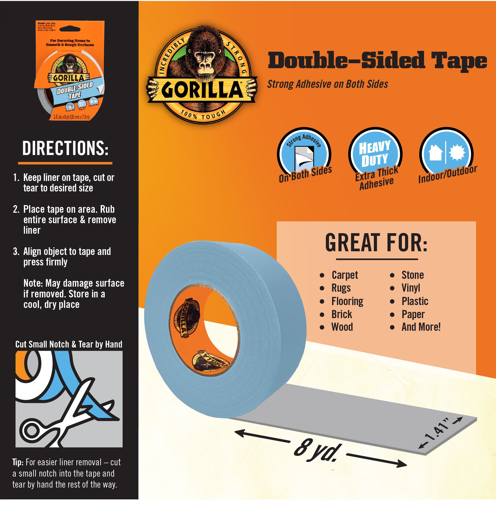 Gorilla Double-Sided Tape - 24 ft Length x 1.40 Width - 1 Roll - Gray -  123 Office Solution