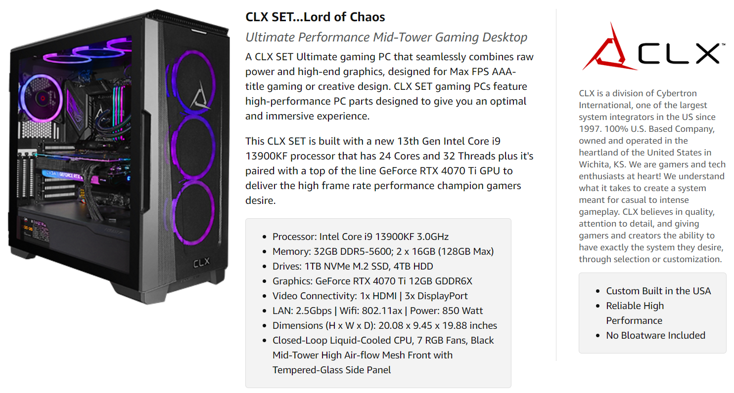 CLX SET Gaming Desktop Intel Core i9 9900KF 32GB DDR4 3000GHz