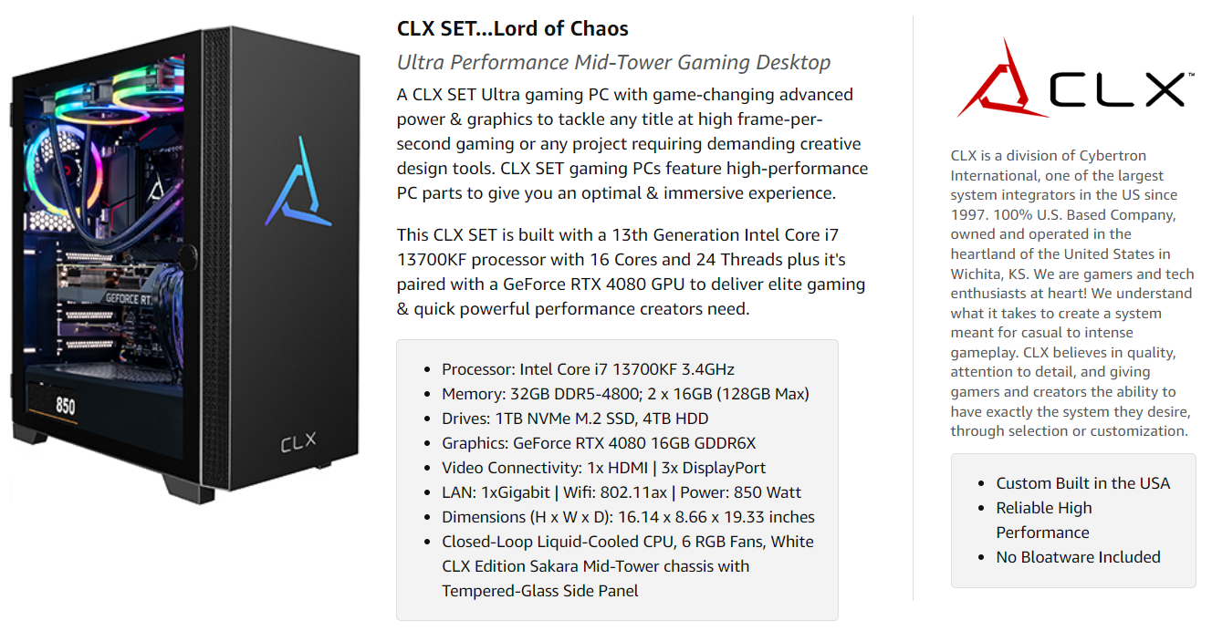 CLX SET Gaming Desktop - Intel Core i7 13700KF 3.4GHz 16-Core Processor,  32GB DDR5 Memory, GeForce RTX 4080 16GB GDDR6X Graphics 1TB NVMe M.2 SSD,  4TB HDD, WiFi, Win 11 Home 64-bit 