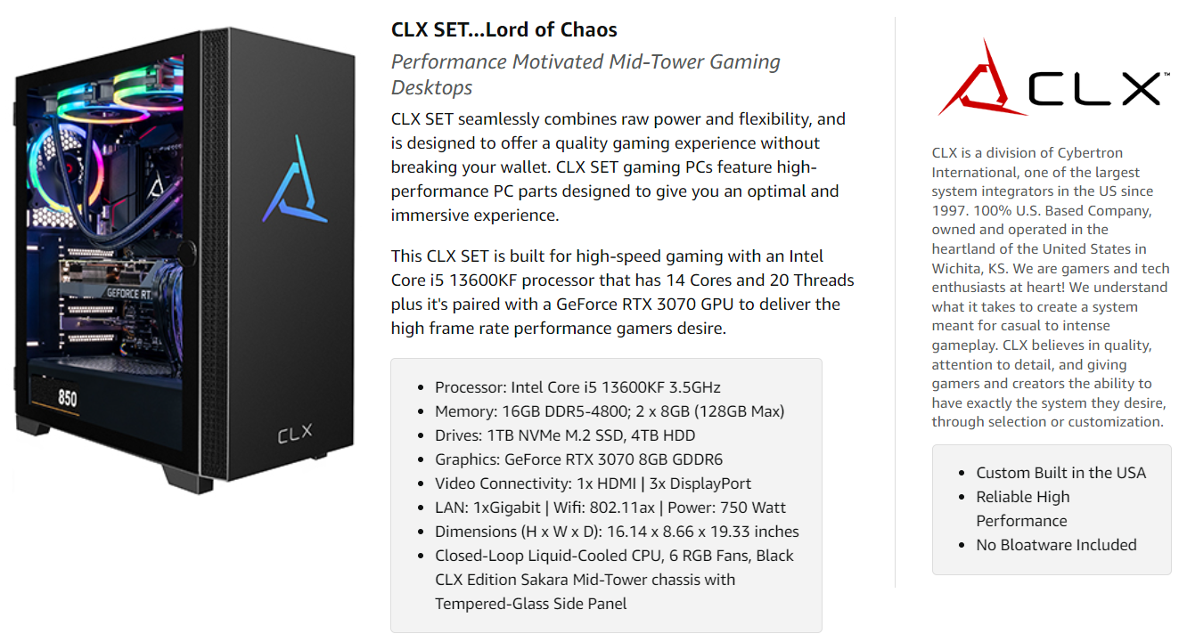 CLX SET Gaming Desktop - Intel Core i5 13600KF 3.5GHz 14-Core Processor,  16GB DDR5 Memory, GeForce RTX 3070 8GB GDDR6 Graphics 1TB NVMe M.2 SSD, 4TB  HDD, WiFi, Win 11 Home 64-bit 