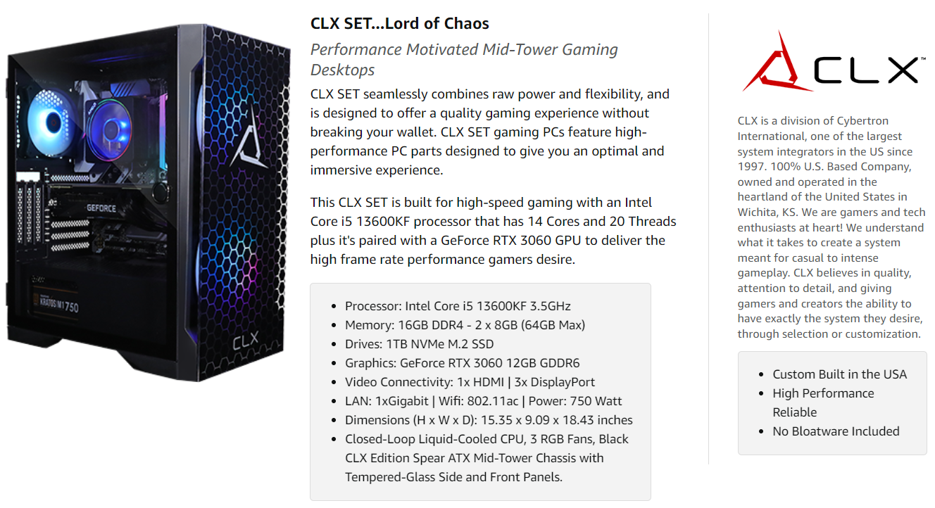 CLX SET VR Gaming Desktop, i5-13600KF, 1TB • Price »