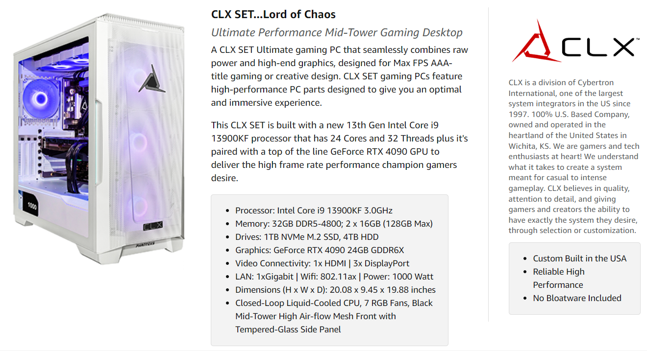 CLX SET Gaming Desktop Intel Core i9 9900KF 32GB DDR4 3000GHz