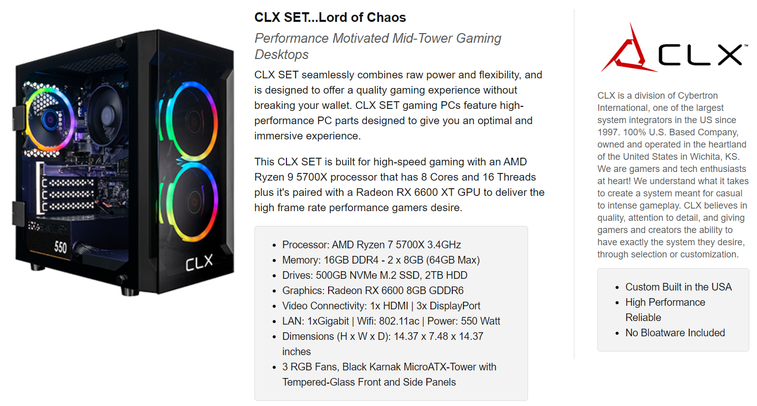 CLX SET Gaming Desktop, R7 5700X, 16GB RAM, 1TB SSD + 2TB HDD, RTX