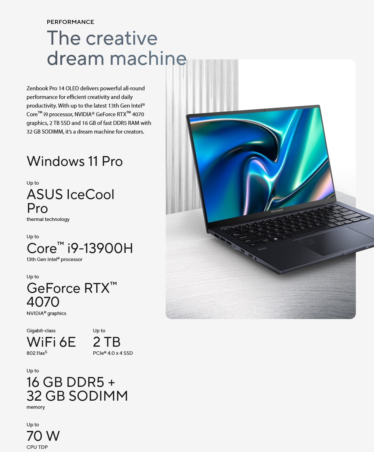 ASUS Laptop Zenbook Pro 14 OLED Intel Core i9 13th Gen 13900H (2.60GHz)  32GB Memory 1 TB PCIe SSD NVIDIA GeForce RTX 4070 Laptop GPU 14.5  Touchscreen Windows 11 Home 64-bit UX6404VI-DS96T 