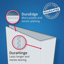 <b> DuraHinge and DuraEdge </b> </br> Binder is stronger, lasts longer and resists tearing, while sides and top are more pliable and resist splitting.