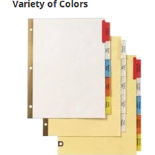 Available in buff, manila or white paper with clear or multicolored tabs.