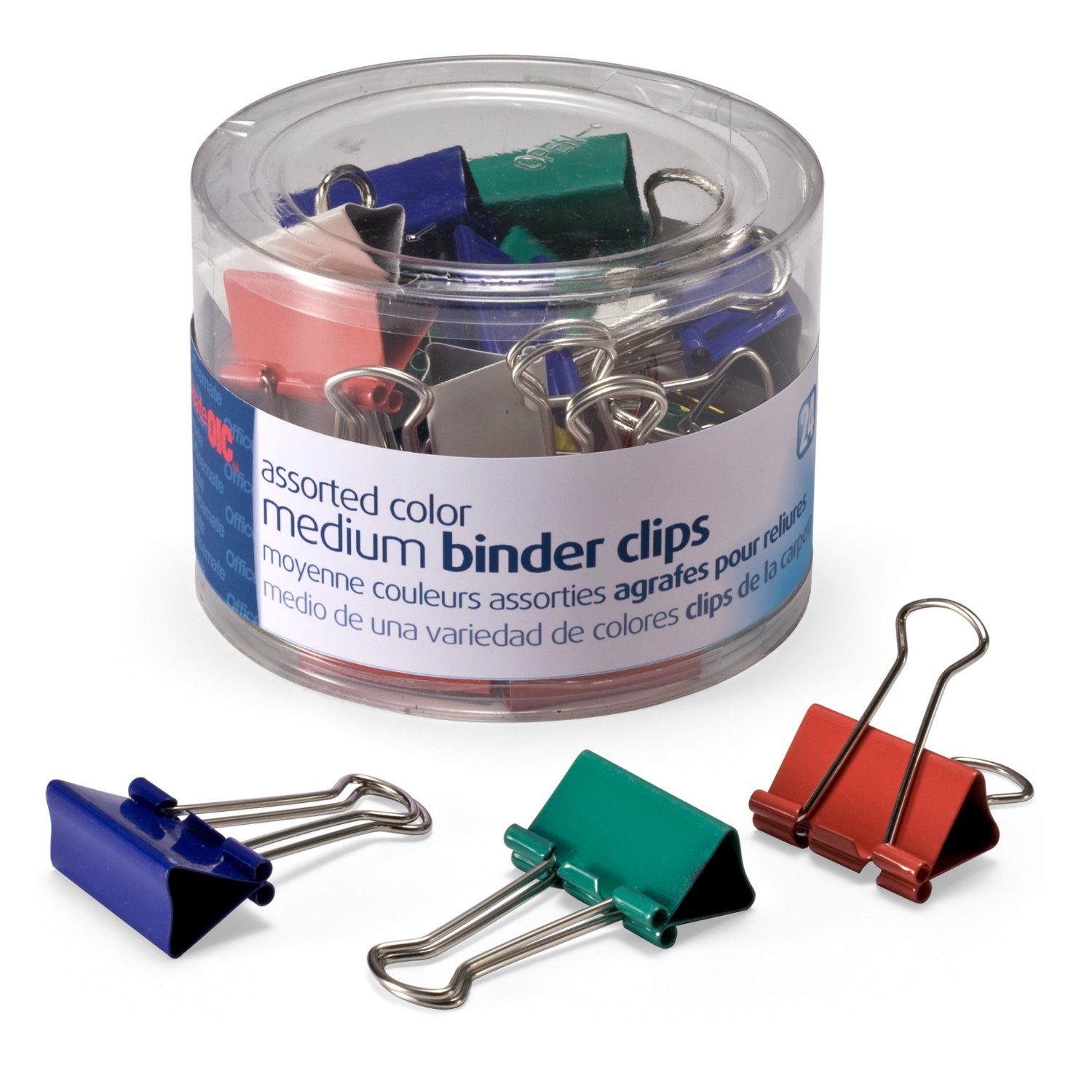 24 clips packed in a reusable desk-top or drawer tub.