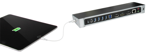 Station daccueil triple vidèo pour PC portable chargeant rapidement une tablette à partir du port USB de charge rapide latèral
