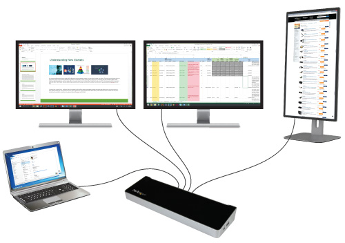 Station daccueil triple vidèo pour PC portables connectèe à un PC portable et trois moniteurs